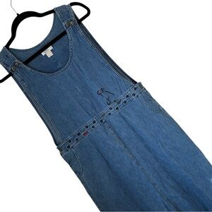 Vtg Christopher‎ & Banks Denim Jumper Dress Dog Pet 00’s Embroidered Maxi Sz L